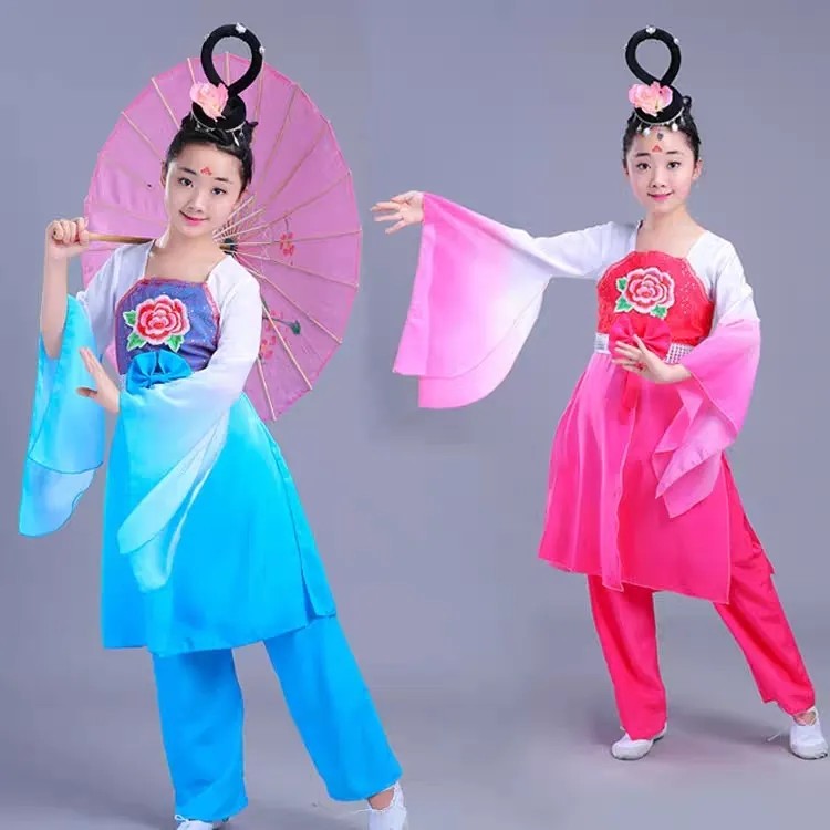 古典舞蹈服女水袖儿童红豆水袖舞蹈服饰古装汉服儿童伞舞演出服
