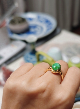 琉梨集 翡翠戒面镶嵌银镀金旗袍配饰日常开口戒指