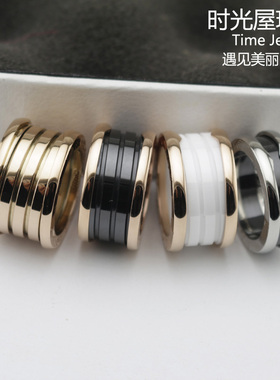经典黑白陶瓷戒指女情侣对戒宽弹簧指环男316钛钢镀玫瑰金不褪色