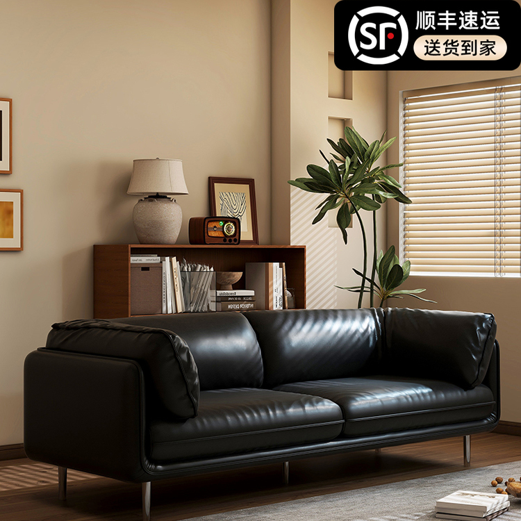 法式皮沙发客厅办公室服装店复古轻奢油蜡皮沙发黑色小户型双三人