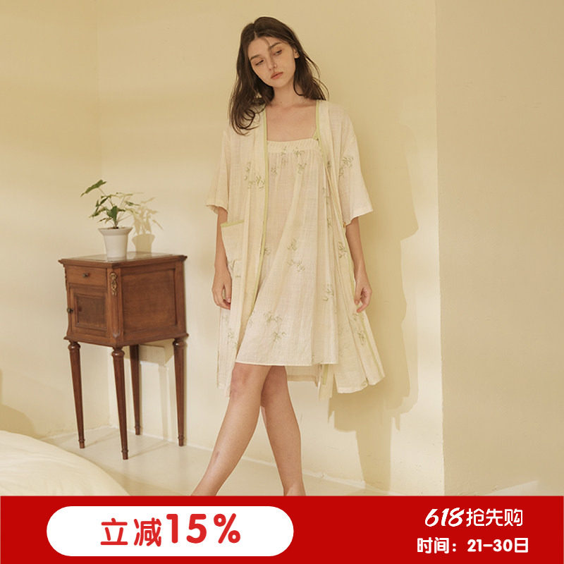 朵朵可可睡衣女夏季新款薄棉甜美国风竹叶印花柔软吊带睡裙家居裙
