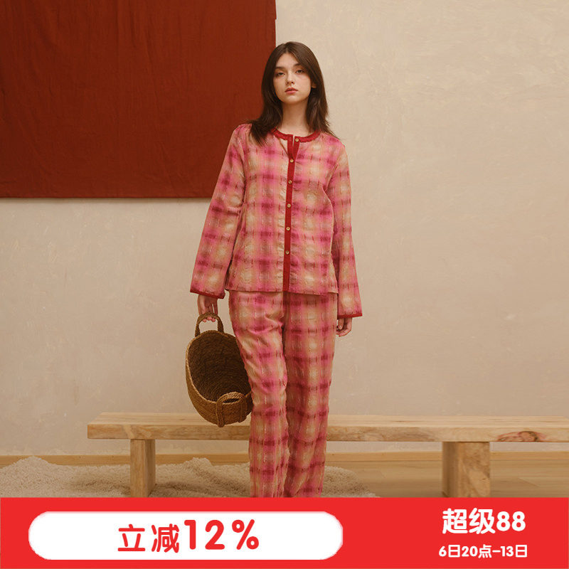 朵朵可可秋季女纯棉粉格睡衣套装