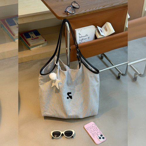 RR正品条纹帆布女托特包大容量
