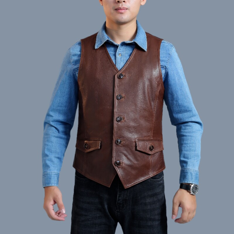 BGSD男士真皮正装机车马甲背心 棕色牛皮商务休闲时尚百搭
