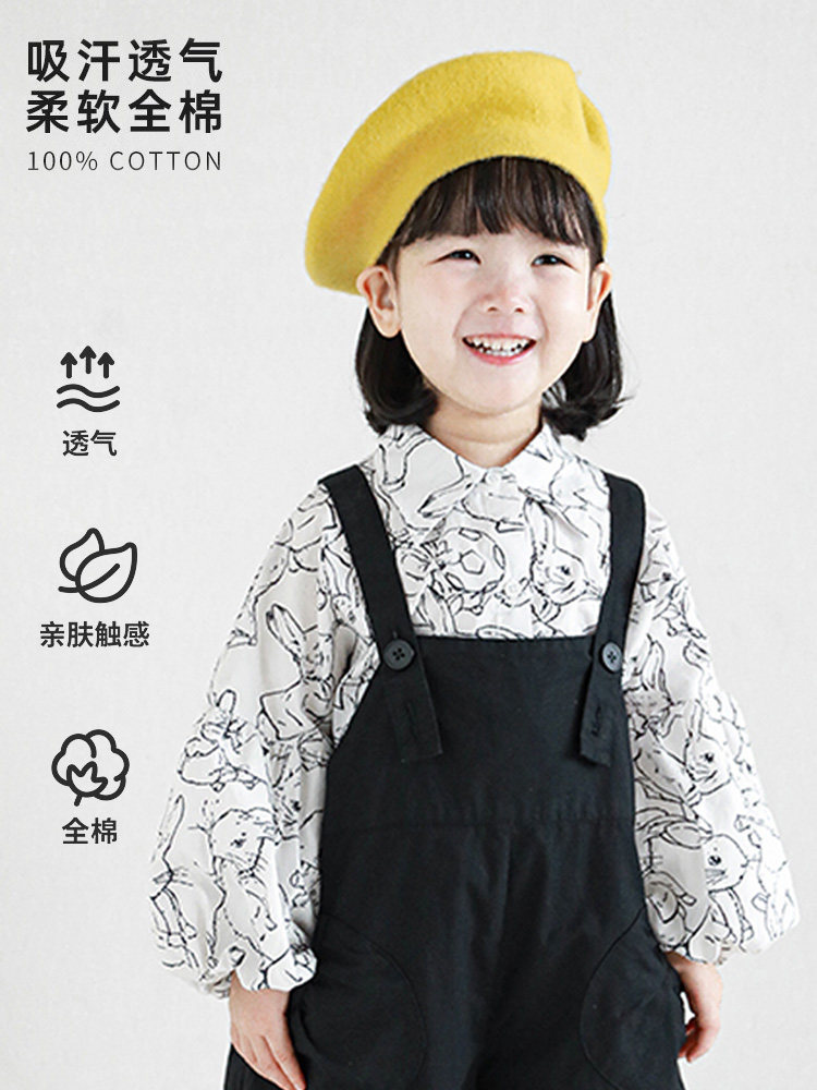 女童2024新款春装儿童宽松泡泡袖衬衫宝宝卡通百搭落肩洋气上衣