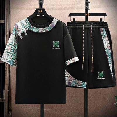 男士夏季套装短袖t恤短裤运动宽松休闲帅气一套衣服休闲潮流