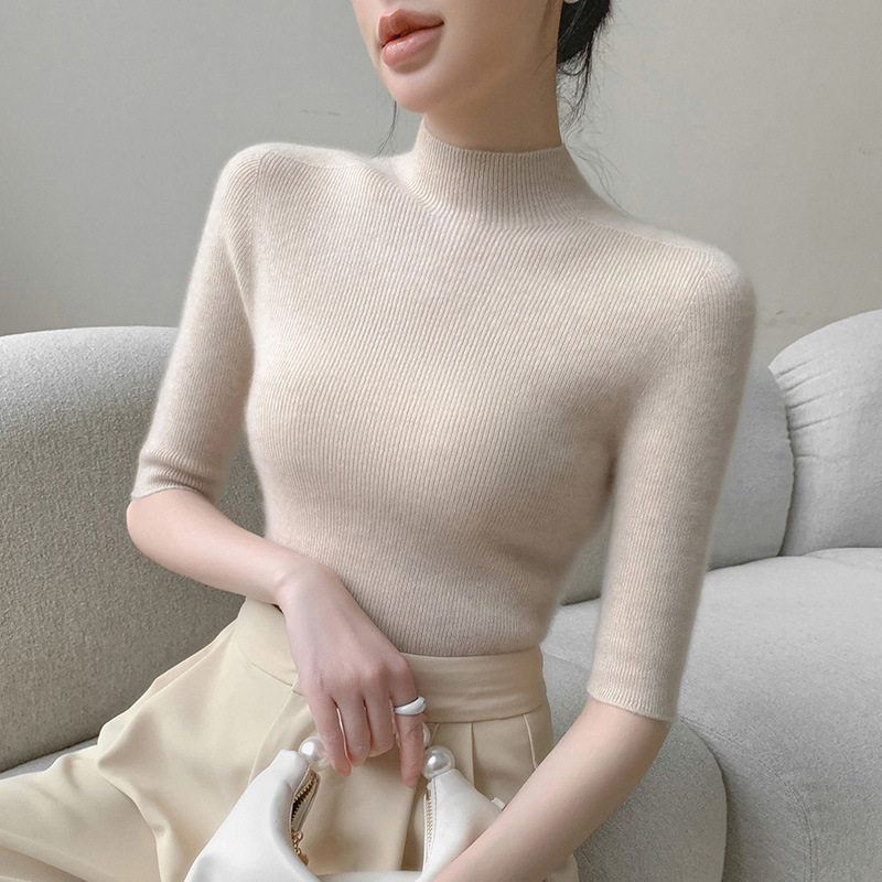 新款一线成衣半高领中袖针织衫女式修身时尚显瘦百搭纯色短袖