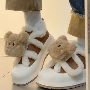 小熊加厚保暖厚底包头雪地靴女2025冬季新款一脚蹬加绒东北大棉鞋