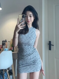 百搭显瘦连衣裙内搭辣妹风短裙女 背心皱褶修身 春夏新款 圆领无袖