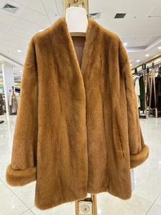 皮草外套 中长款 025新款 进口天鹅绒级别整貂母貂皮大衣本色V领挽袖