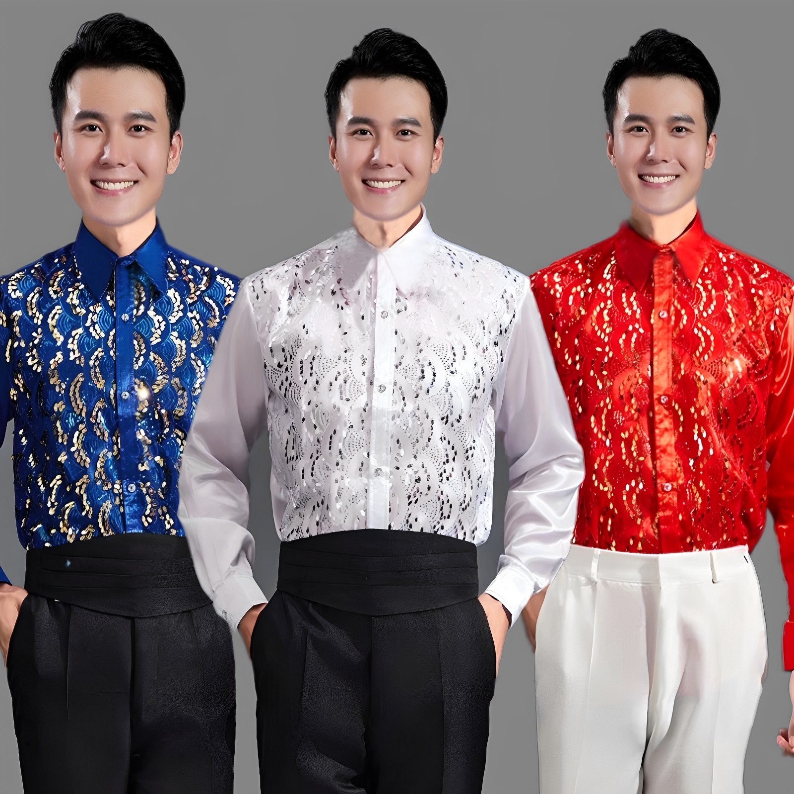 彩色闪亮片衬衫演出服男士广场舞衬衣大合唱表演服装歌手主持男装图片