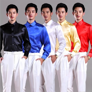 衬衣舞台大合唱舞蹈表演男装 纯白色亮面衬衫 演出服男丝滑绸缎长袖