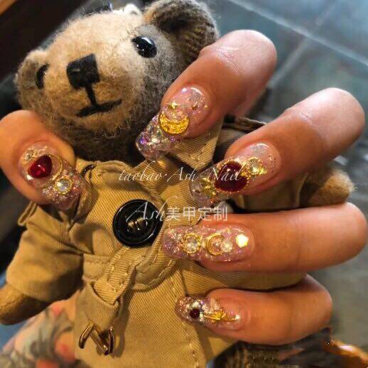 ash美甲定制新娘奢华气质闪爱心月亮琉璃红色假指甲贴片穿戴成品