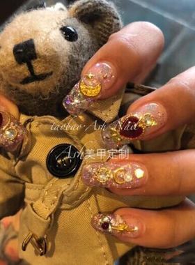 Ash美甲定制新娘奢华气质闪爱心月亮琉璃红色纯手工贴片穿戴成品