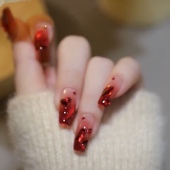 Ash穿戴美甲新娘酒红渐变过年红爆闪钻假指甲贴片成品孕妇牢固