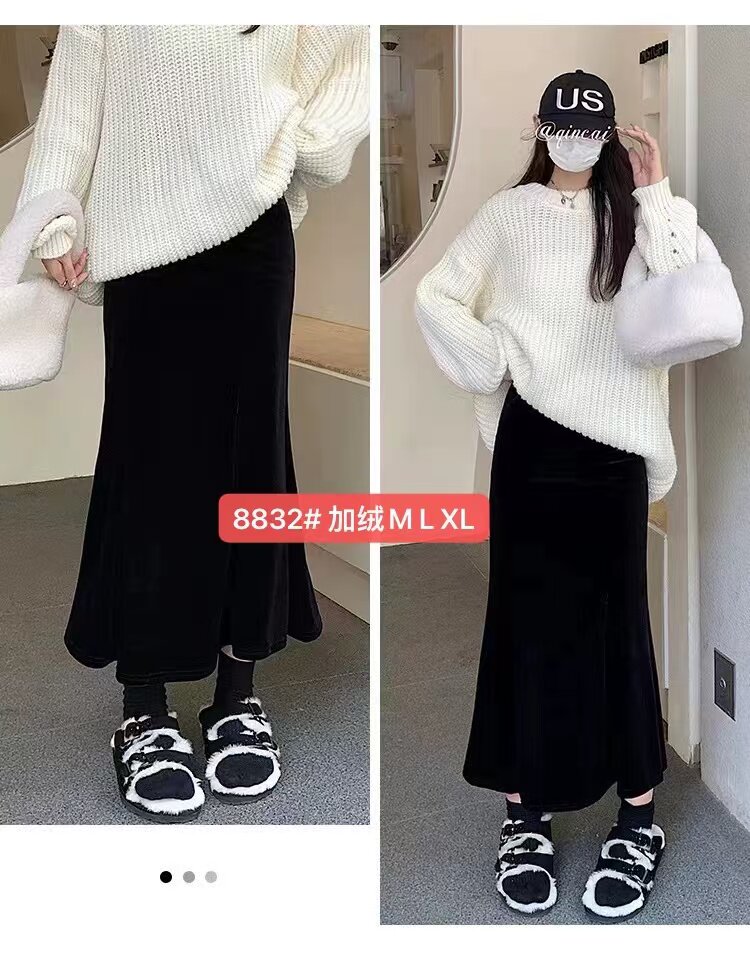 后开叉金丝绒半身裙加绒女秋冬复半身裙