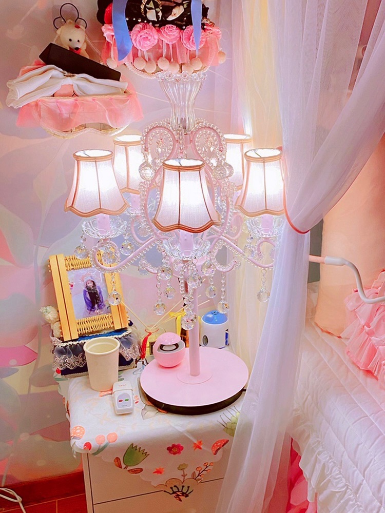 欧式粉色公主风女孩房卧室床头水晶台灯时尚网红主播补光遥控灯具