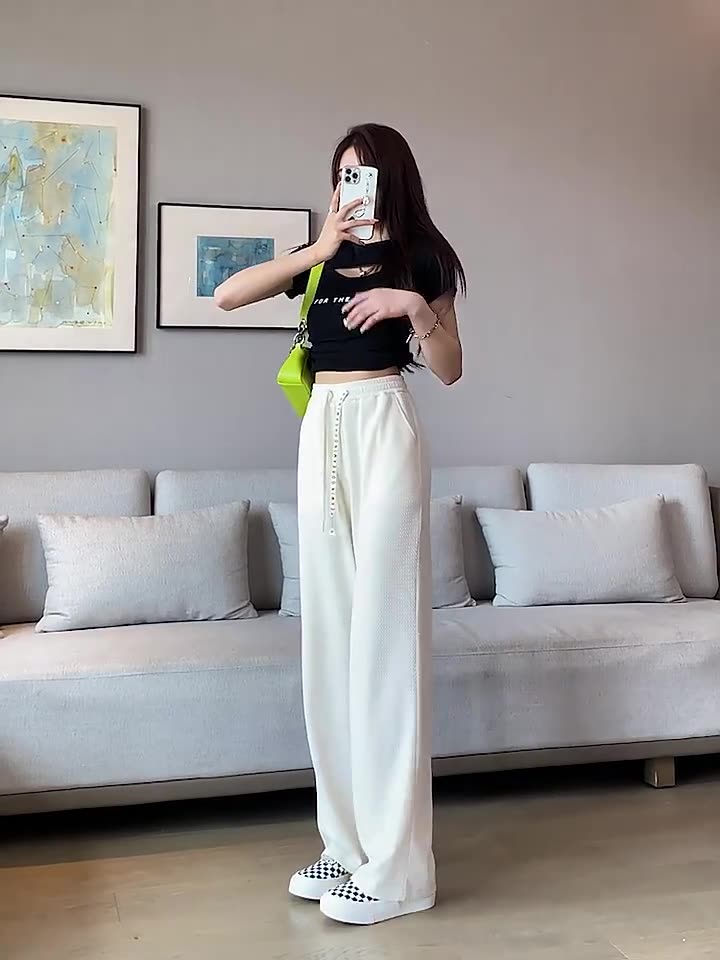 白色冰丝阔腿裤女夏季薄款高腰裤子垂感雪纺休闲小个子直筒拖地裤