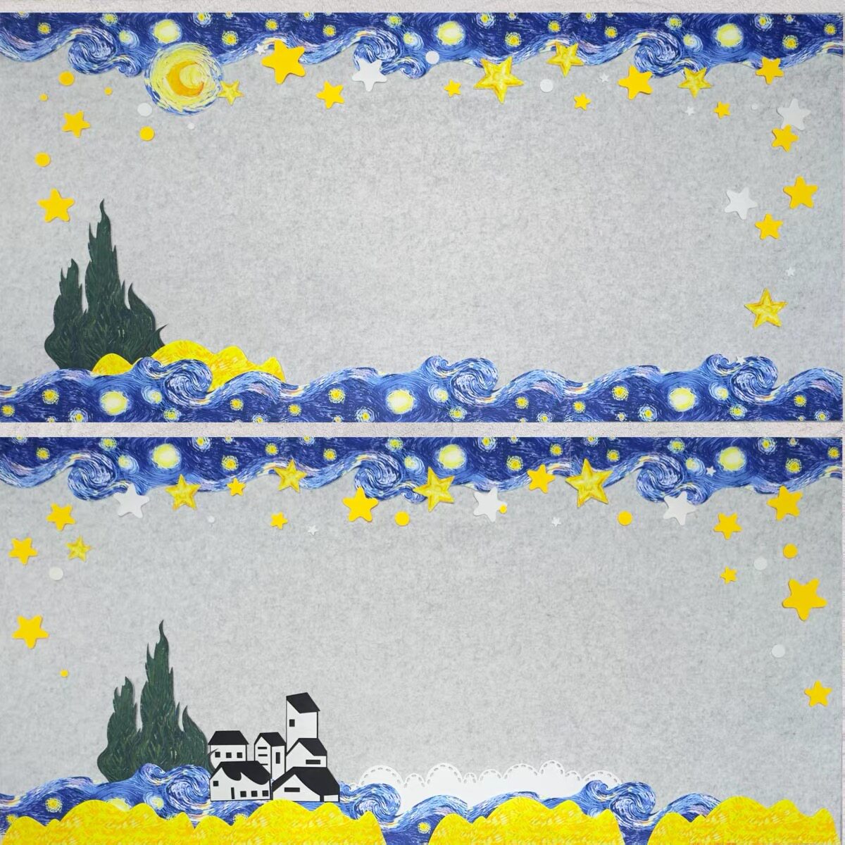 幼儿园小学黑板报墙贴走廊环创蓝色系星空梵高主题墙贴纸星月星海