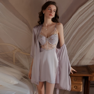 吊带性感睡衣深V聚拢加钢圈胸垫甜美网纱冰丝睡裙外袍套装