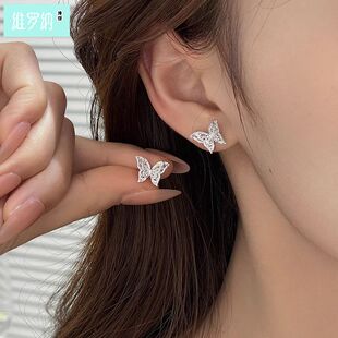 维罗纳纯银S999纯银双层镂空蝴蝶耳钉韩版小众高级感耳环个性甜酷