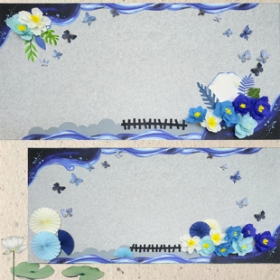 环创蓝色系小清新春天褶皱纸花蝴蝶荷花纸扇主题黑板文化墙装饰贴