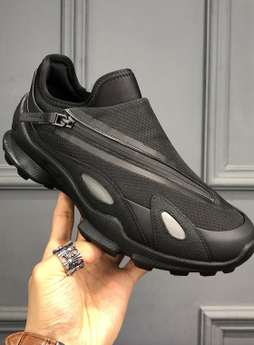 暗黑系网面透气运动鞋男鞋侧拉链设计小众高级感厚底增高老爹鞋潮
