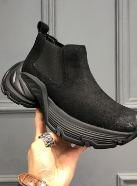 磨砂皮套脚休闲鞋男款黑色时尚百搭潮鞋厚底增高鞋春季新款潮男鞋