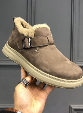 男鞋厚底雪地靴2026新款真皮一脚蹬防滑勃肯鞋潮流加绒保暖棉鞋男