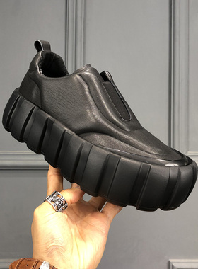 男士潮鞋春季新款真皮厚底增高时尚板鞋韩版一脚蹬轻质透气乐福鞋