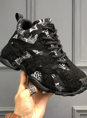 新款真皮拼接解构风男鞋厚底增高朋克老爹鞋字母印花休闲运动鞋潮