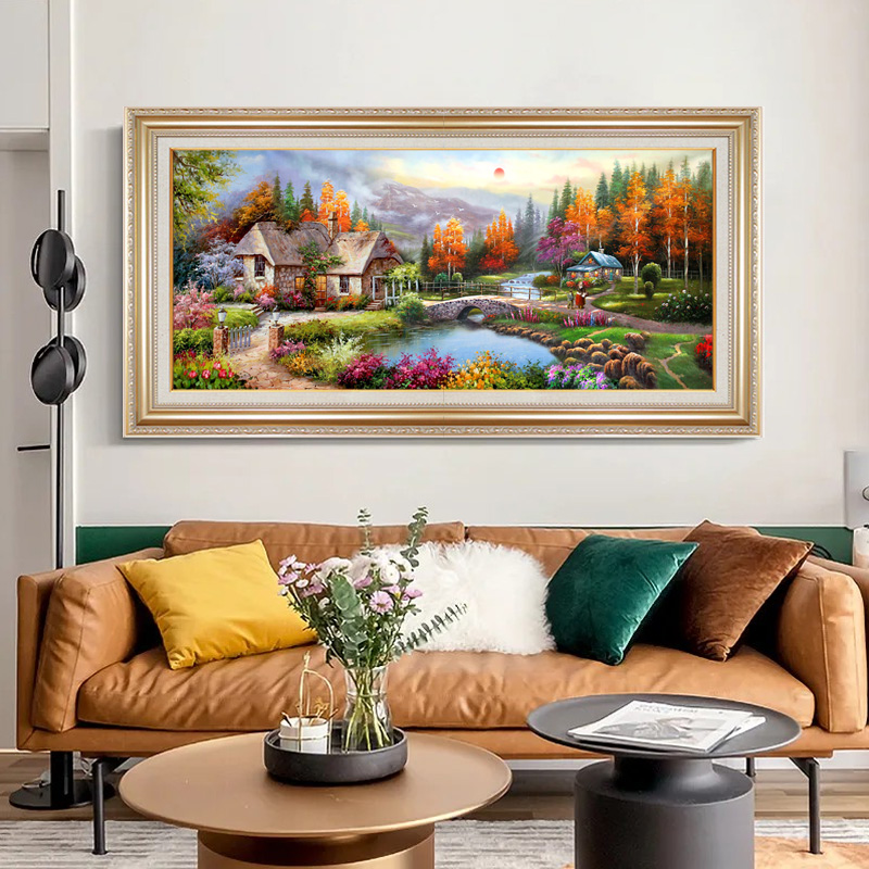 欧式沙发背景墙装饰画山水美式书房正品油画肌理风景挂画客厅壁画图片