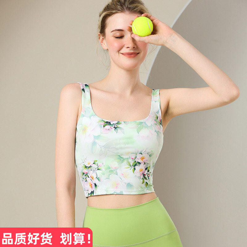 外贸带胸垫彩色印花上衣瑜伽服背心运动文胸健身房内衣跑步套装女