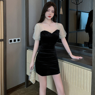 性感丝绒连衣裙低胸夜场酒店沐足KTV柔式 按摩会所SPA养生技师工衣