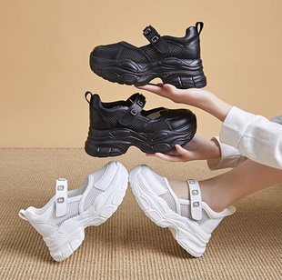 8CM一字扣松糕厚底网纱高跟休闲鞋隐形内增高真皮百搭运动白女鞋