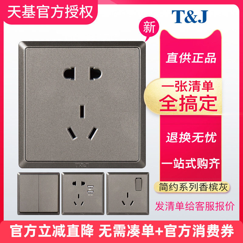 TJ天基开关插座面板简约系列墙壁电源五孔USB三孔16A空香槟灰套装