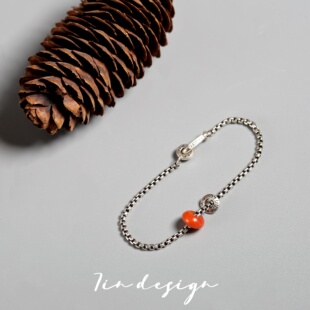 海棠 原创小众设计复古手作s925银南红叠带情侣手饰 手链 7in