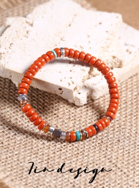 7in  925银木质手链【浮尘】原创小众设计复古红色新年手链