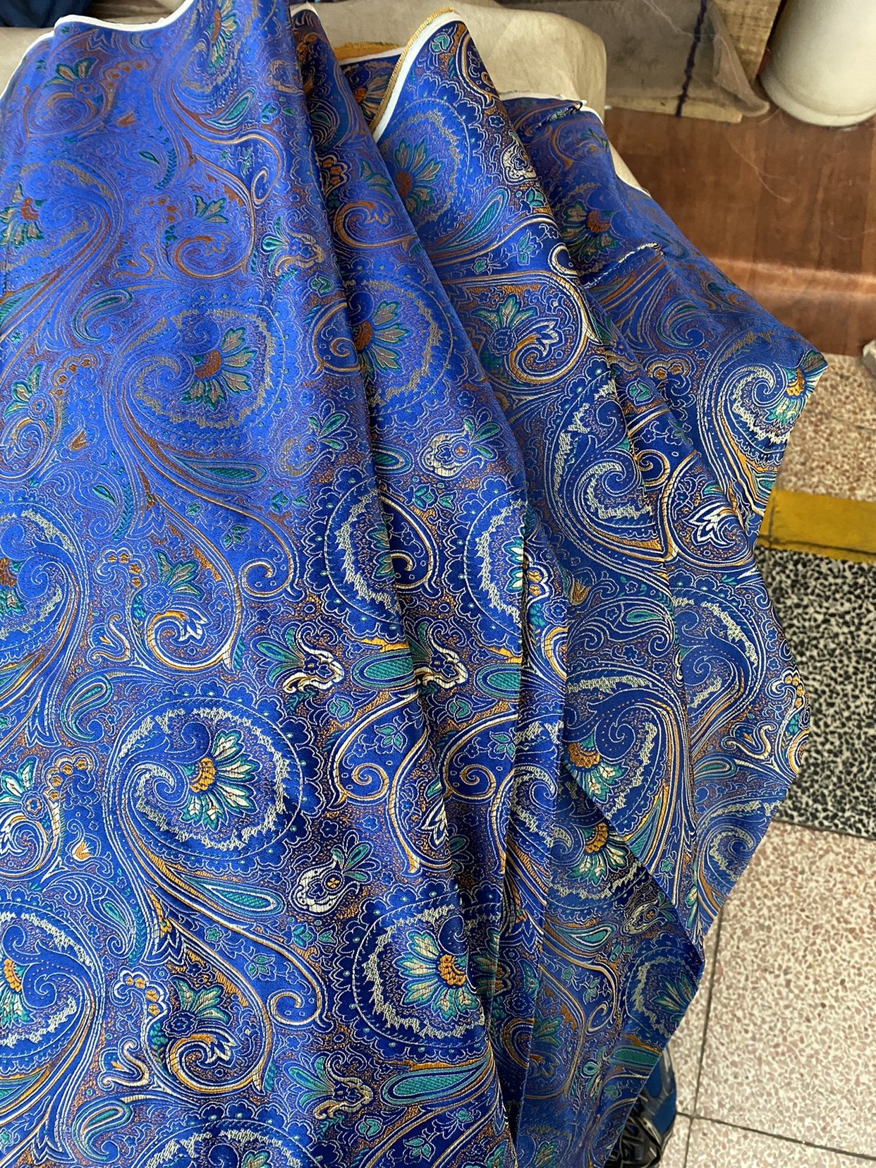 织锦缎宝蓝色腰果花唐装汉服面料旗袍布料蒙古袍布依族苗族