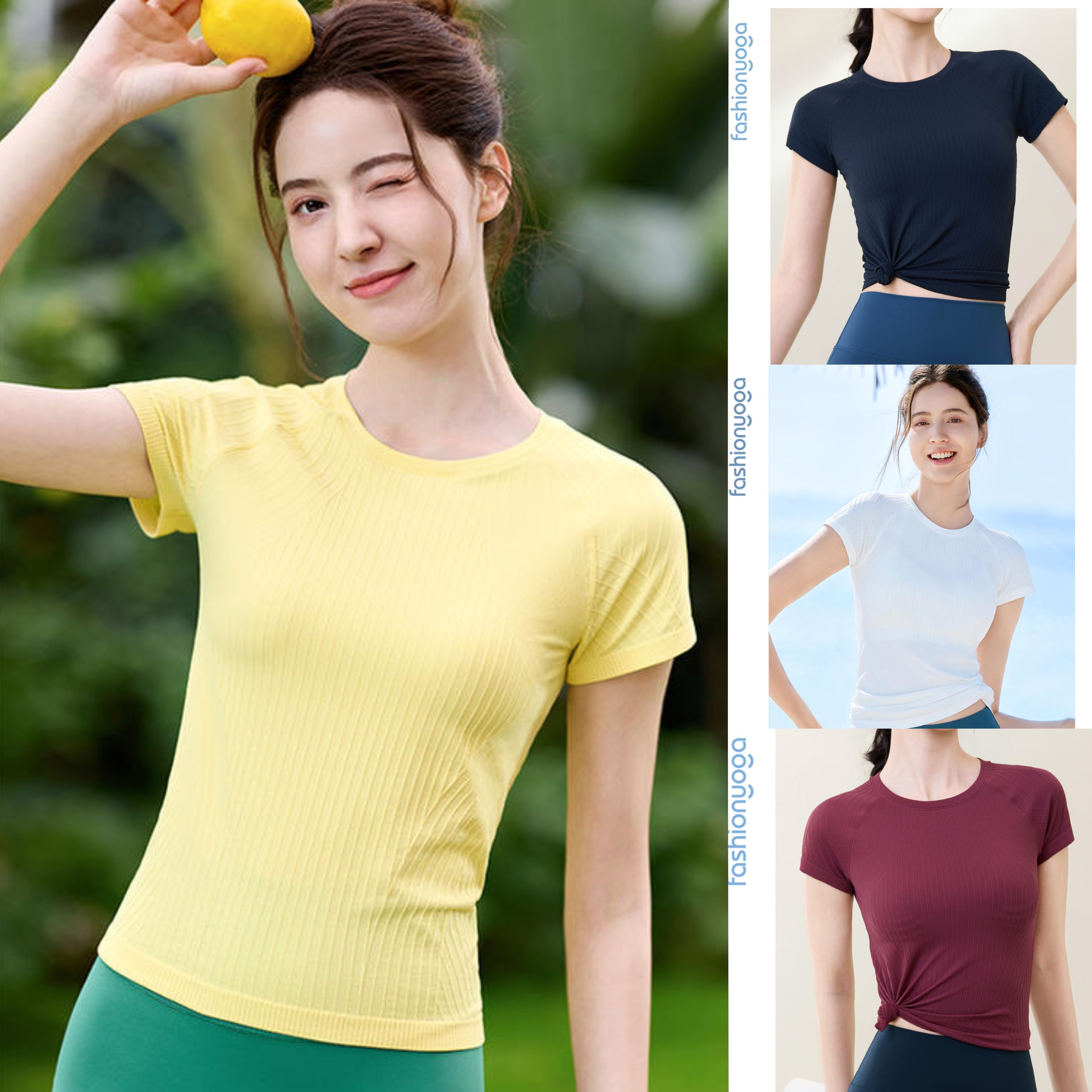 凡圣瑜伽服条纹一体织短袖女春季