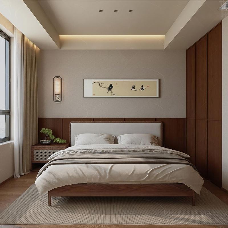 宋式美学实木床现代简约双人床主卧1.8米婚床别墅床民宿大床家具