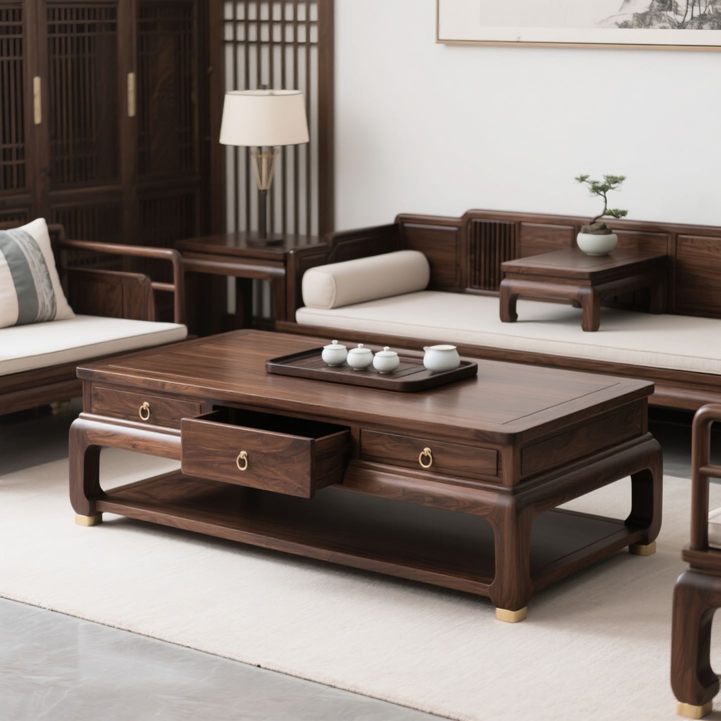 新中式北美黑胡桃木实木茶几小户型简约家用沙发客厅带抽屉矮桌