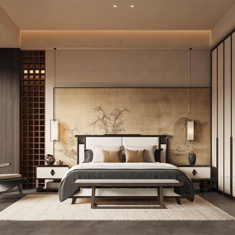 宋式美学实木床现代简约别墅主卧双人床禅意别墅美式床家具可定制