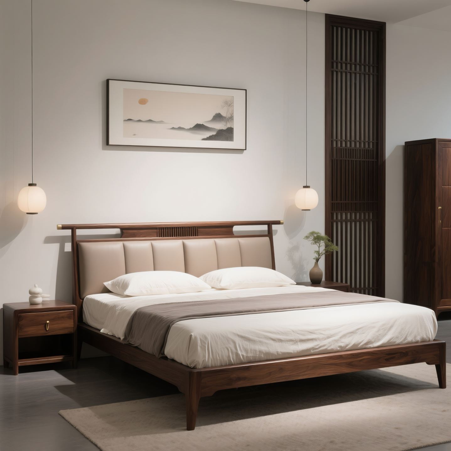 新中式北美黑胡桃木床实木床真皮意式简约风卧室双人床样板房定制