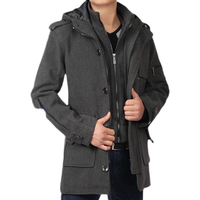 男士冬季新款修身加厚保暖假两件外套青年中长款时尚休闲呢子大衣