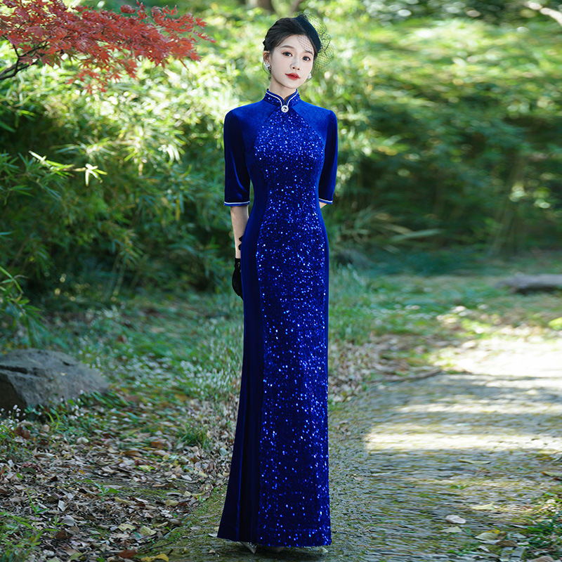 亮片时尚走秀旗袍2025新款复古妈妈婚宴改良加大码鱼尾礼服