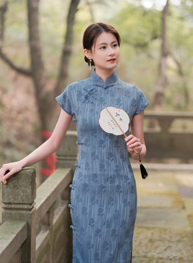 气质年轻改良古法旗袍单层复古蓝色连衣裙女新中式开襟国风2026夏