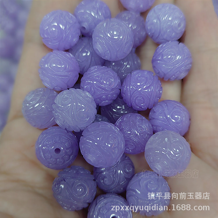 紫色立体雕刻回纹珠散珠玉石珠子 diy吊坠手链项链配珠浮雕玉珠子
