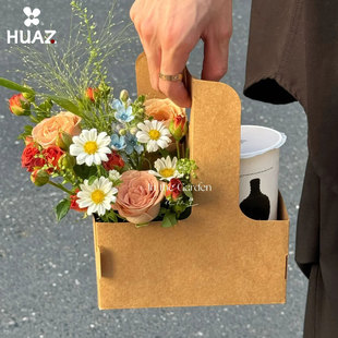 奶茶手提花盒咖啡花束盒子鲜花花泥礼盒加厚牛皮纸盒插花包装 盒
