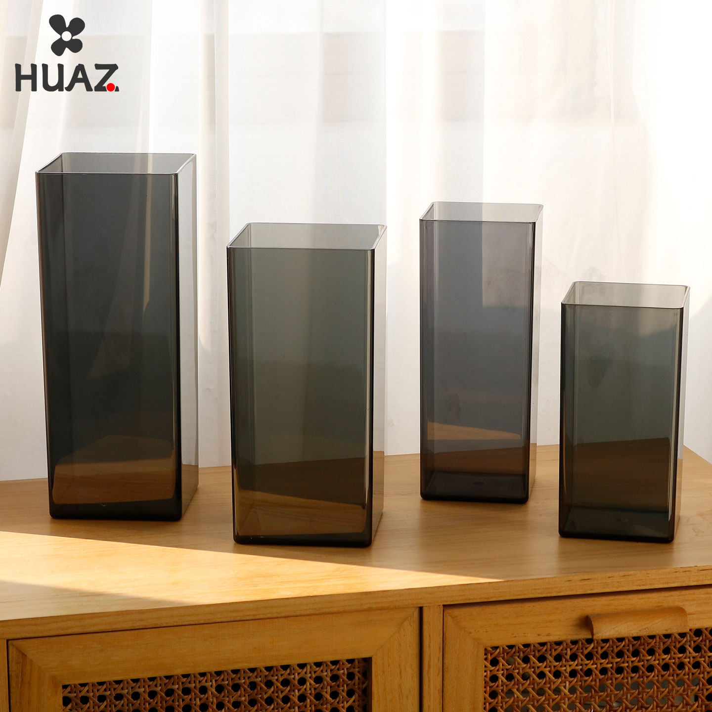 方形花瓶黑色透明花桶加厚PET塑料水桶插花瓶容器花店家居摆件